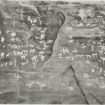 The central group of the rock carving, with three strata.