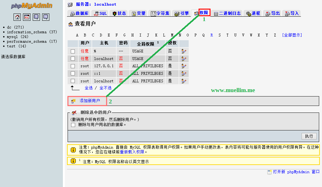 phpMyAdmin:يىڭى ئىشلەتكۈچى قۇرۇش